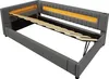 A grey upholstered bed frame with its wooden slats partially extended, showing the storage mechanism. Anteprima dell’immagine prodotto