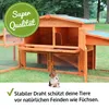 A wooden rabbit hutch with a small rabbit in front of it, set on a grassy lawn. Produktbild-Vorschau