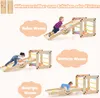 A collage of images showing a wooden climbing frame with a slide, used by children at different height levels. Podgląd zdjęcia produktu