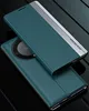 A teal flip phone case with a silver accent strip is shown, with the text "NEW DESIGN" printed on the strip. Another identical case is visible underneath. Produktbild-Vorschau