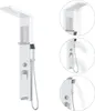A white shower panel system with a rainfall showerhead, handheld shower, and multiple controls, shown against a white background with inset circular views demonstrating water flow. Produktbild-Vorschau