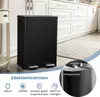 A black dual-compartment trash can with pedals in a kitchen setting, with text overlays highlighting features. Náhled obrázku produktu