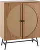 A wooden sideboard with rattan inserts on the doors, standing on black metal legs. Produktbild-Vorschau