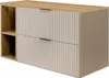 A product shot of a beige and wood vanity cabinet with two drawers and an open shelving unit on the left. Anteprima dell’immagine prodotto