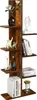 A tall, narrow, multi-tiered bookshelf with a rustic wood finish, displaying various decorative items and books. Náhled obrázku produktu