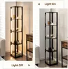 A split image showing a floor lamp with shelves in two states: "Light Off" and "Light On". Produktbild-Vorschau