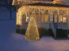 A house decorated with Christmas lights in the snow. Produktbild-Vorschau