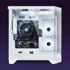 A white computer case with internal components visible, including fans and motherboard, against a purple background. Produktbild-Vorschau