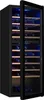 A black wine refrigerator with the door open, revealing shelves stocked with wine bottles and illuminated by blue interior lighting. Produktbild-Vorschau