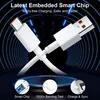 A white USB-C cable and USB-A cable are shown crossed over each other against a dark, futuristic background with blue light streaks. Three circular insets at the bottom showcase features: a smart chip, a bending test, and a laptop charging. Produktbild-Vorschau