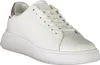 A white women's sneaker with a rose gold heel accent, shown from a side angle on a white background. Produktbild-Vorschau