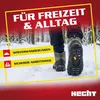 A person wearing winter boots with attached spikes walking in the snow, with promotional text and graphics. Produktbild-Vorschau