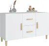 A white sideboard with wooden accents, displayed against a white background with decorative items on top. Produktbild-Vorschau