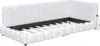A white upholstered bed frame with a quilted headboard and slatted base. Náhled obrázku produktu