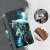 A collage showing a wolf-themed phone case, a craftsman working with leather, and swatches of leather. Produktbild-Vorschau
