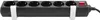 A black power strip with multiple outlets and a red on/off switch, held by two white straps against a white background. Produktbild-Vorschau