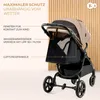 A close-up view of a stroller with descriptive text overlays highlighting its features. Voir les images du produit