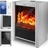 A collage of images showing an electric fireplace, its remote control, a smartphone app interface, and two different views of the fireplace unit. Produktbild-Vorschau