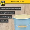 A light blue bucket with a wooden handle is shown, with text overlays describing its features. Produktbild-Vorschau