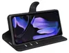 A black leather wallet case for a smartphone is shown in an open position, displaying the phone's screen. Produktbild-Vorschau