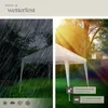 A split image showing a white gazebo in rain on the left and sunshine on the right, with feature callouts. Náhled obrázku produktu