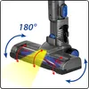 Close-up of a vacuum cleaner head with arrows indicating 180-degree swivel and highlighting the brush roll and suction area. Náhled obrázku produktu