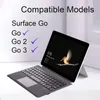 A tablet with a keyboard attached, displaying a lock screen with a bird image. Text lists compatible Surface Go models. Produktbild-Vorschau