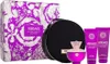 A gift set containing Versace Dylan Purple perfume, a cosmetic bag, and body lotion/shower gel. Voir les images du produit