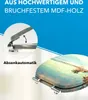 A toilet seat with a beach scene design is shown, with a close-up detail of its hinge mechanism and a text overlay highlighting its features. Produktbild-Vorschau
