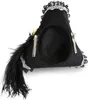 A black mini tricorn hat with feathers and decorative trim, viewed from the back. Produktbild-Vorschau