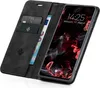 A black flip-style phone case with card slots and a phone inside showing the lock screen. Produktbild-Vorschau