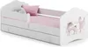A white children's bed with a pink mattress and pillows, featuring a unicorn and ballerina illustration on the side. Produktbild-Vorschau