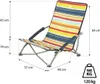 A striped camping chair with dimensions and weight limit indicated. Produktbild-Vorschau