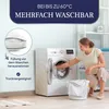 A woman is putting a pillow into a washing machine, with a diagram showing how to remove the filling before washing. Produktbild-Vorschau