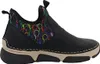 A side view of a black women's boot with a colorful balloon pattern on the side. Voir les images du produit