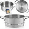 A collage of a stainless steel steamer pot and its insert, with a small package of food product. Voir les images du produit