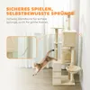 A cat is jumping towards a cat tree, with text overlays highlighting safety features. Náhled obrázku produktu