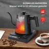 A black electric gooseneck kettle with water boiling inside, placed on its charging base with a digital display. Coffee beans are scattered on the wooden table next to it, and a cup of coffee sits on a saucer in the foreground. Produktbild-Vorschau