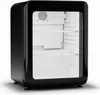 A black mini-refrigerator with a glass door is shown against a white background. Produktbild-Vorschau