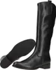 A pair of black leather knee-high boots are shown against a white background. One boot is standing upright, while the other is lying on its side, showing the sole. Produktbild-Vorschau