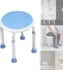 A collage of images showing a blue and white shower stool in various settings, including a standalone product shot, a person using it in a shower, and a smaller view of it in a bathroom. Produktbild-Vorschau