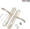 Two door handles with accompanying screws and an Allen key on a white background. Produktbild-Vorschau