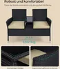 A black rattan loveseat with beige cushions and a central table, shown with close-up details of the glass top and armrests. Produktbild-Vorschau