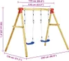 A wooden swing set with two blue swings, with dimensions indicated by measurement lines and text. Podgląd zdjęcia produktu