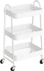 A white three-tiered rolling cart with mesh shelves and wheels.
