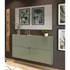 A modern entryway with a green shoe cabinet mounted on a dark gray wall, decorated with framed botanical prints and a wooden coat rack. Produktbild-Vorschau