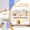 A collage of images showing a white and wood-effect sideboard with LED lighting, highlighting its features like protective film and ease of cleaning. Voir les images du produit