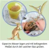 An illustration showing the steps of a dinosaur excavation kit, including soaking a plaster egg and digging out a dinosaur figure. Produktbild-Vorschau