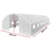 A white greenhouse tunnel with dimensions indicated by red lines and text. Produktbild-Vorschau