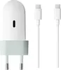 A white USB-C charger adapter and a white USB-C cable are displayed against a white background. Produktbild-Vorschau